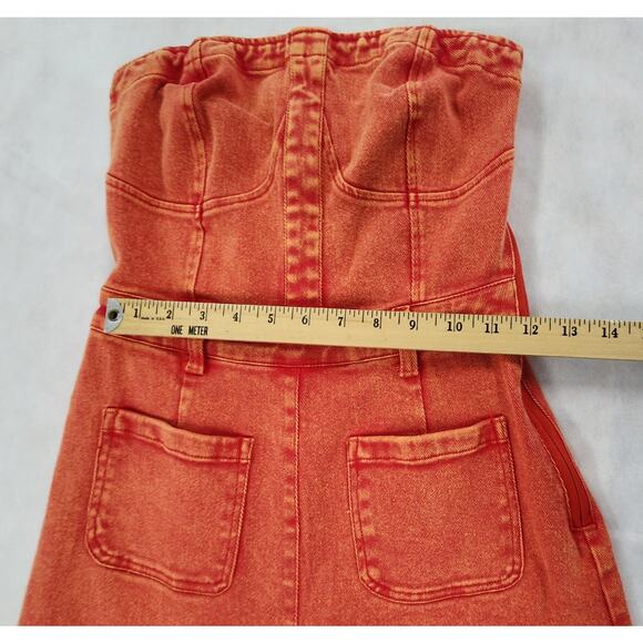 Wisteria Lane Denim Jumpsuit Rust Orange Strapless Wide Leg Smocked Bodice Top - Picture 7 of 12